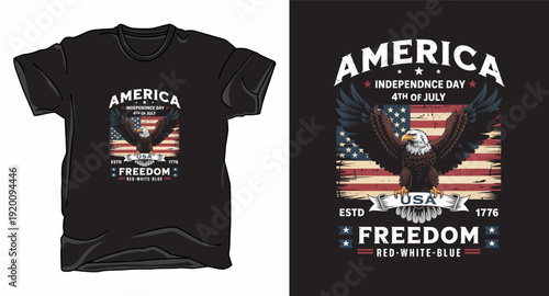 American freedom independence day t-shirt design with spreading wing bald eagle and usa flag