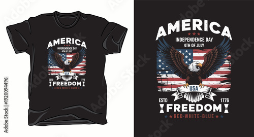 Vintage america freedom t-shirt design featuring bald eagle mascot and american flag for independence day