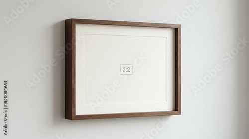 Luxury interior mockup with a dark walnut wood frame displaying a 3:2 aspect ratio print, set against a minimalist textured wall.