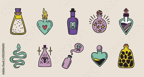 Potion bottles set, poisons, love potions, sparkles, boho mystical witchy hand drawn style