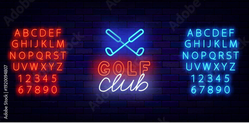 Golf club neon label. Fitness neon badge. Gym sports club. Cardio exercises activity. Glowing emblem. Shiny blue and red alphabet. Editable stroke. Vector stock illustration