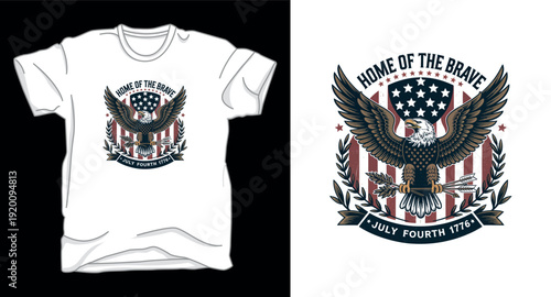 Patriotic home of the brave eagle t-shirt design with usa flag background and olive branches