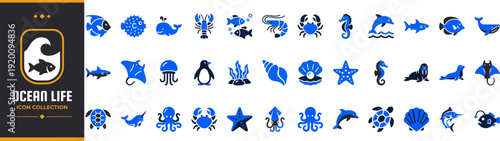 Ocean Life & Marine Animals Icon Set – Sea Creatures, Fish, Whale, Dolphin, Shark, Coral Reef, Underwater, Aquarium Duotone Glyph Vector Pack for Education, UI & App Design