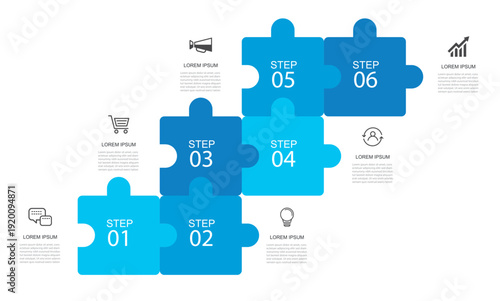 6 steps successful business growth strategy with jigsaw puzzle infographic steps.
