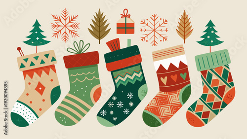 Festive Christmas stockings collection for holiday cards and decor..eps