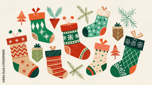 Set of four colorful Christmas stockings with holiday patterns..eps