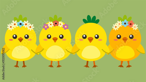 Cute cartoon chick wearing a colorful flower crown illustration.eps
