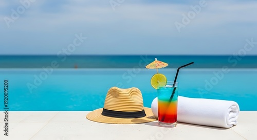 A refreshing summer setup with a hat, drink, and towel by the pool