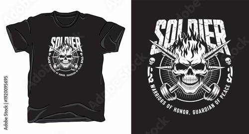 Soldier skull with horns t-shirt design crossed weapons warriors honor guardian peace