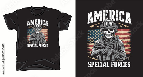 America special forces skull t-shirt design with american flag and rifle
