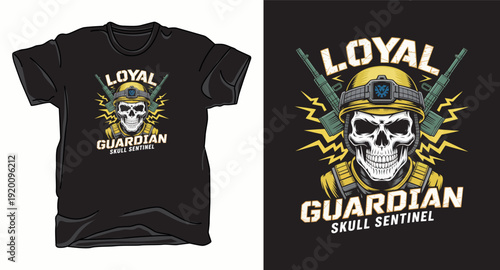Loyal guardian skull sentinel with military helmet and rifles for tactical gear branding