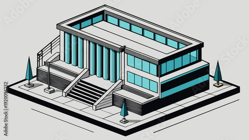 3D Blueprint Sketch of Urban Public Space with Stairs and Glass Facade.eps