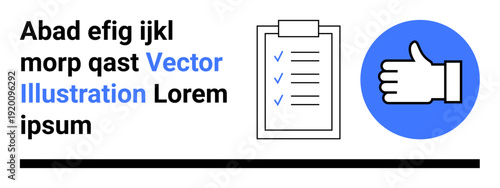 Business review, quality control, productivity tracking, assessment, feedback, evaluation processes. A clipboard with checkmarks and a thumbs-up icon. Quality control and evaluation processes concept