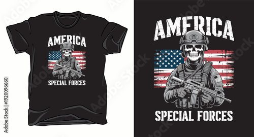 America special forces t-shirt design with skull soldier holding rifle in front of american flag graphic print