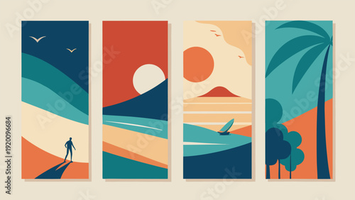 Retro Style Summer Poster with Surfer and Palm Trees at Sunset.eps