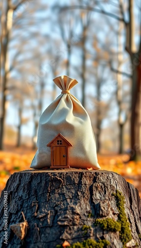 Home and money bag balanced on park wood, symbolizing real estate savings vs business loan for future growth,  investment,  asset management
