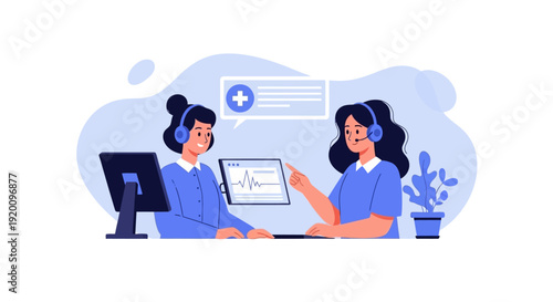 Two customer support representatives collaborating at workstations.