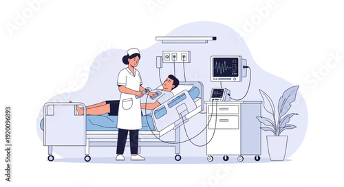 Doctor examining patient in hospital bed with medical equipment.