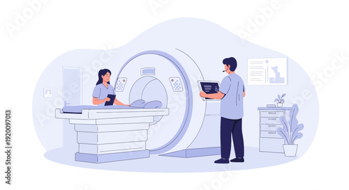 Medical professional operating MRI machine on patient in hospital.
