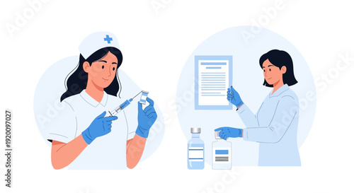 Medical professionals handling vaccine and documentation.