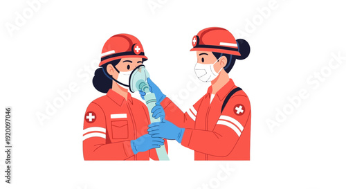 Two female paramedics assisting each other with medical equipment.