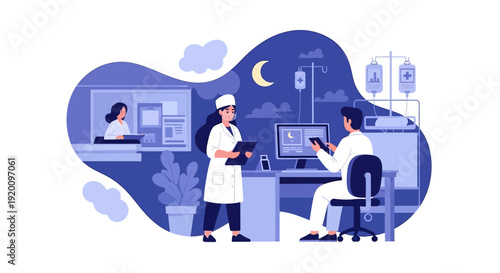 Medical professionals working together in a hospital setting at night.