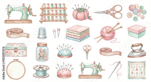 Watercolor clip art set, Sewing and Crafting theme, collection of 20 items