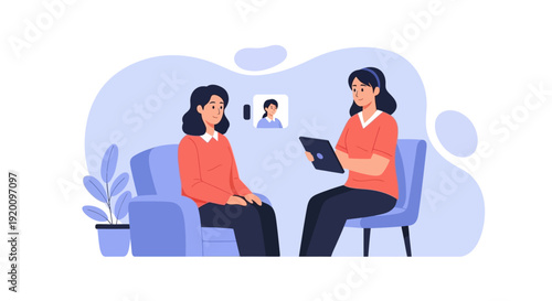 Two women having an online therapy session together on a digital tablet.