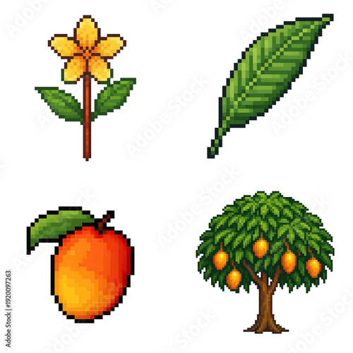 Pixel art style tree set shows tropical fruit leaf flower and mango tree in warm vibrant tone evoking playful nature charm