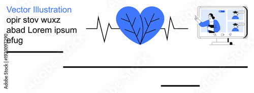 Telemedicine, virtual health, online diagnostics, digital health, remote care, medical consultations. Blue heart with branches, heartbeat line and doctor on screen. Telemedicine and virtual health