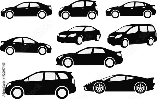 Car silhouette collection in side and perspective views, various sedan SUV and sports vehicle vector icons isolated on white