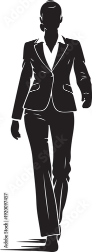 Confident Business Woman Walking Silhouette

Professional Female Leader Illustration Vector

Career Woman in Suit Black and White Graphic