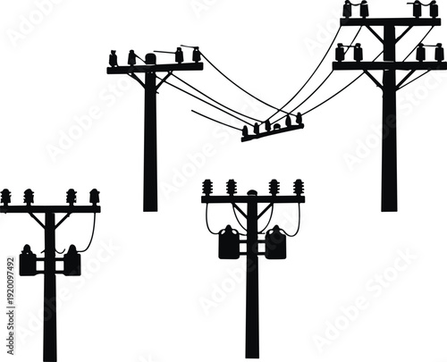 Electric utility poles and power lines silhouette set, telephone and transmission tower vector illustration isolated on white background