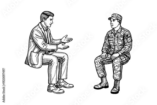 Businessman talking to soldier sitting across from him on white background sketch.