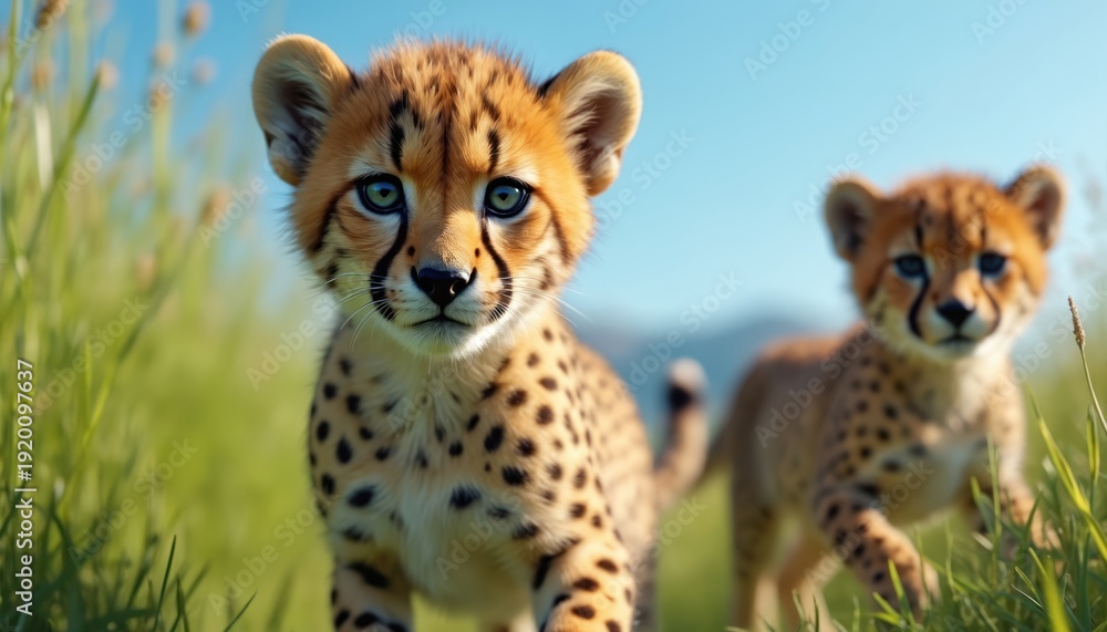 Obraz premium Two cute cheetah cubs walk through green grass under blue sky. One cub looks forward intently with large eyes. The other cub walks behind it. Spotted fur and animal features are clear.