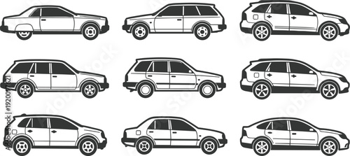 Collection of car silhouettes in side view, various sedan and SUV vehicle outline vector illustrations isolated on white background