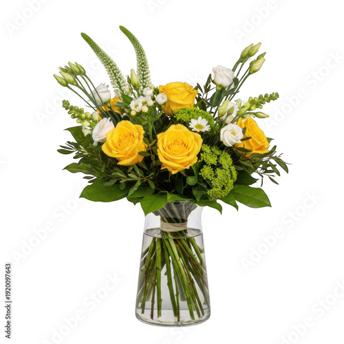 A vibrant bouquet of yellow flowers in a clear glass vase isolated on transparent background