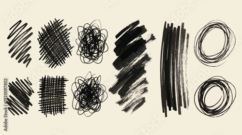 Black ink scribble, hand drawn messy brushstroke set, grunge grunge oil squiggle graphic print art. Handwriting texture marker design element, dirty sketchy spot. Trendy contemporary ink scribble line