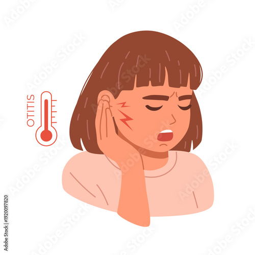Vector sick girl with inflammation and earache as a symptoms of otitis. Young woman with fever touching her ear with pain. Illustration of the otolaryngological disease