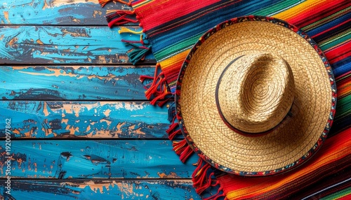A fashionable woman wears a colorful mexican straw hat as a sun accessory for summer beach clothing
