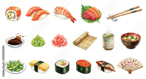Watercolor clip art set, Japanese Food theme, collection of 16 items