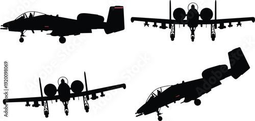 A10 Thunderbolt II military aircraft silhouette set, attack jet vector illustration in multiple angles isolated on white background