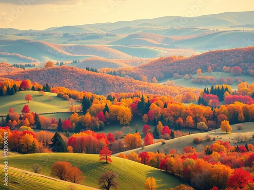 Crisp air and vibrant hues paint a picturesque countryside with rolling hills and scattered trees ablaze with color,  foliage,  rustic
