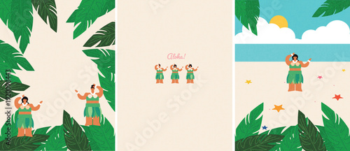 Hawaiian style poster set with tropical leaves and aloha mood. Perfect for summer decor, travel design, party invitations, seasonal prints, social media and tropical themed branding.