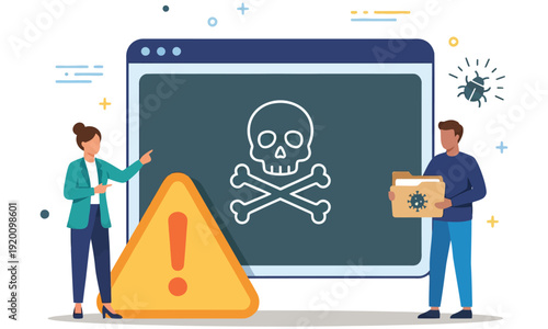 Cybersecurity Warning Flat Vector Illustration (Virus Alert with Skull Icon & People) – White Background