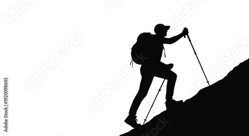 Hiker Climbing Steep Mountain Silhouette Illustration