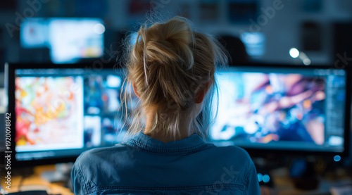 photograph of an attractive blonde woman, a graphic designer, working on her computer in the office at night darkness. she is surrounded by multiple monitors displaying various digital art software, s