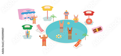 Summer poolside elements set with float, umbrella, chairs and vacation objects. Great for travel templates, invitations, kids materials, stickers and seasonal layouts.