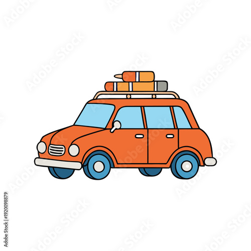 Orange car with luggage on roof summer bank holiday road trip journey