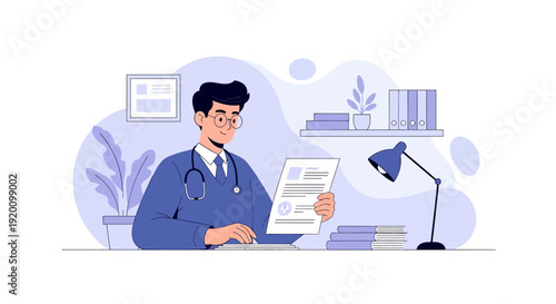 Doctor reviewing medical documents in a modern office setting.